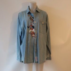Mens Too Cute Blue Denim Tweety Bird Toons Characters Blue Button Shirt XL *
